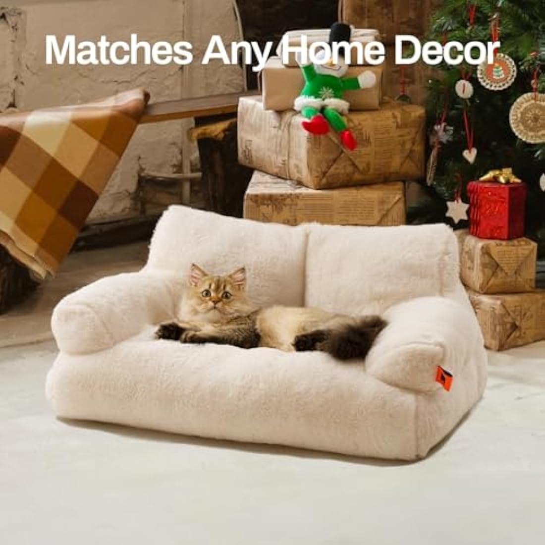 MEWOOFUN Stylish Cat Bed for Indoor Cars Large - Fluffy and Soft Cat Sofa Bed Small Dog Sofa Bed for Dogs and Cats - 66x48cm Cute Cat Bed Couch with Non-slip Bottom, White