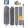 Feather duster 5PCS kit with 30-100 inch telescopic extension pole, detachable bendable and reusable gap hand crevice brush for cleaning dust cobwebs on high ceiling fans lights blinds cars furniture