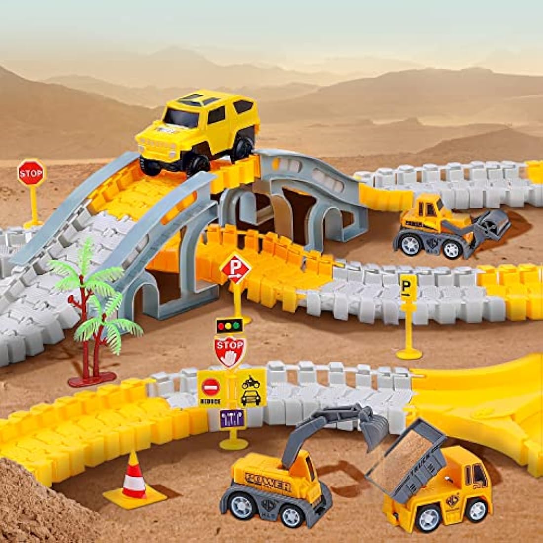 BBLIKE 255 PCS Construction Race Tracks Toy for 3 4 5 6 7 Age Year Old Boys Girls, 3 Trucks 1 Race Cars and Flexible DIY Track Set Create A Engineering Road Games Presents Toddler Toys Birthday Gifts
