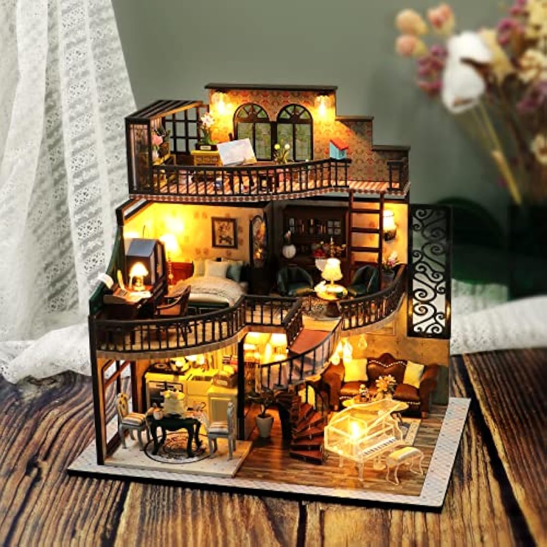 Spilay Diy Miniature House Kit, Wooden Mini Doll house with Furniture and Dust Cover and Music Box, 1:24 Creative Room Idea Gift for for Christmas Valentine's Day - (Dream Building Pavilion) M2132