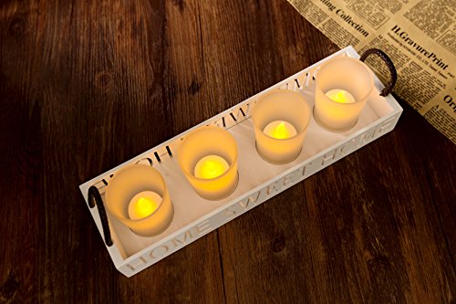London Boutique Tea Light Candle Holder Set 4 Home Sweet Home with White Wooden Tray in Gift Box (Home Sweet Home set 4)