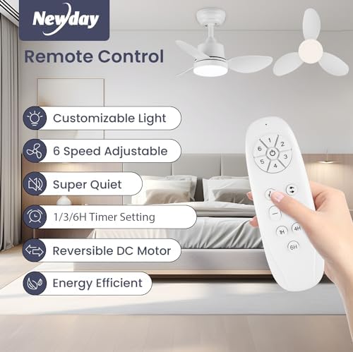 Newday 24inch Small White Ceiling Fan with Light and Remote Control, Diammable LED Lights, 3 Blades, Quiet DC Motor 6 Speeds Memory Function for Bedroom Living Room