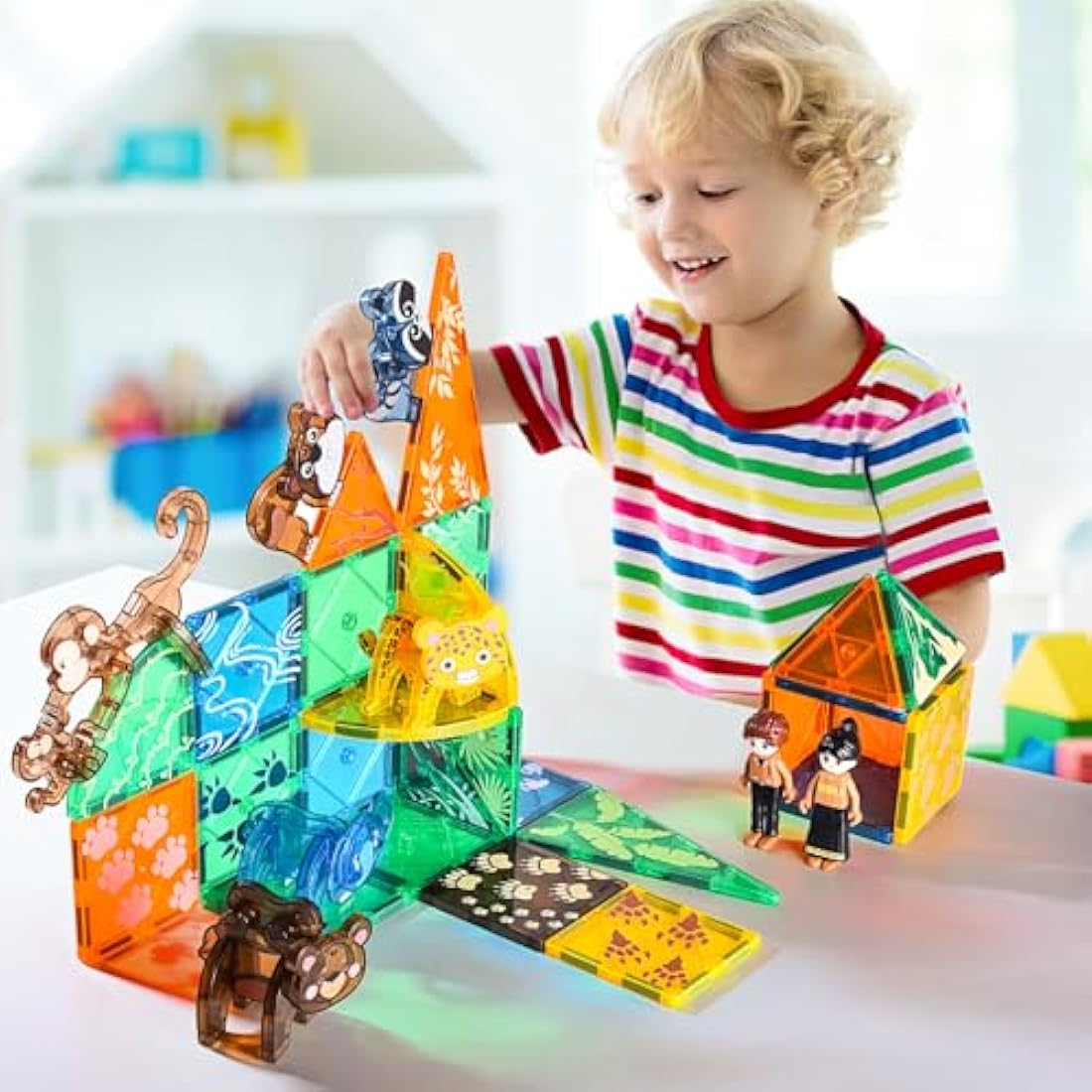 Magnetic Tiles Travel Set, Figures & Animals Toys for Kids,STEM Magnet Building Cubes Montessori Construction Toddler Toys for 3 4 5 6 7 8 9 Year Old,Birthday Gifts,Toddlers,Autism children,Girls,Boys