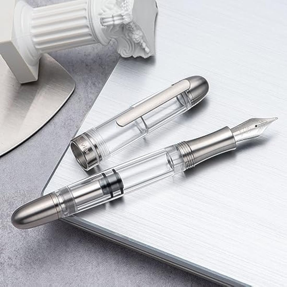 Asvine P36 Titanium Fountain Pen Piston Filling, Extra Fine Nib Clear Transparent Acrylic Smooth Writing Pen Case Set, Torpedo shape
