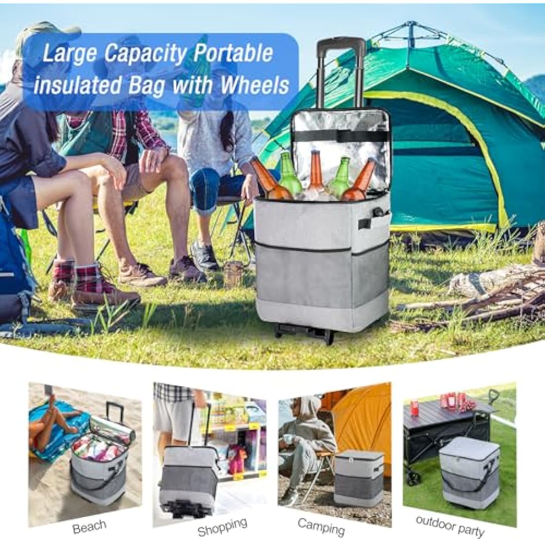 ZHJINGYU 60-Can/40L Rolling Cooler, 3-in-1 Insulated Cooler Bag, Adjustable Handle & Wheels, 40L Cooler Box with All Terrain Trolley, Leakproof for Picnic Camping Beach Fishing
