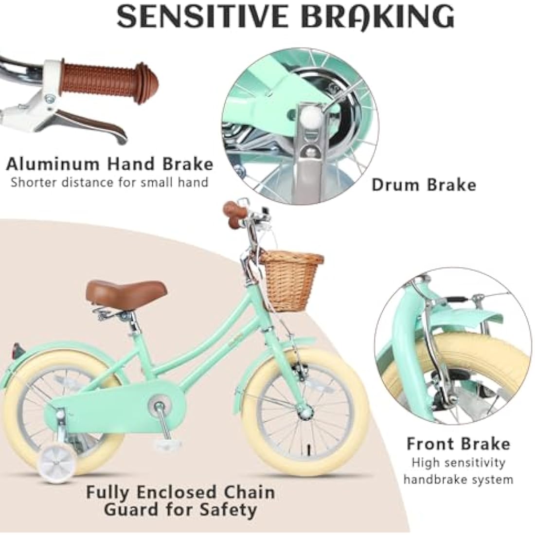 Glerc Little Molly 12 Inch Kids Retro Girls Bike for 2-13 Year Old with Wicker Basket & Stabilisers/Kickstand, Multiple Colors