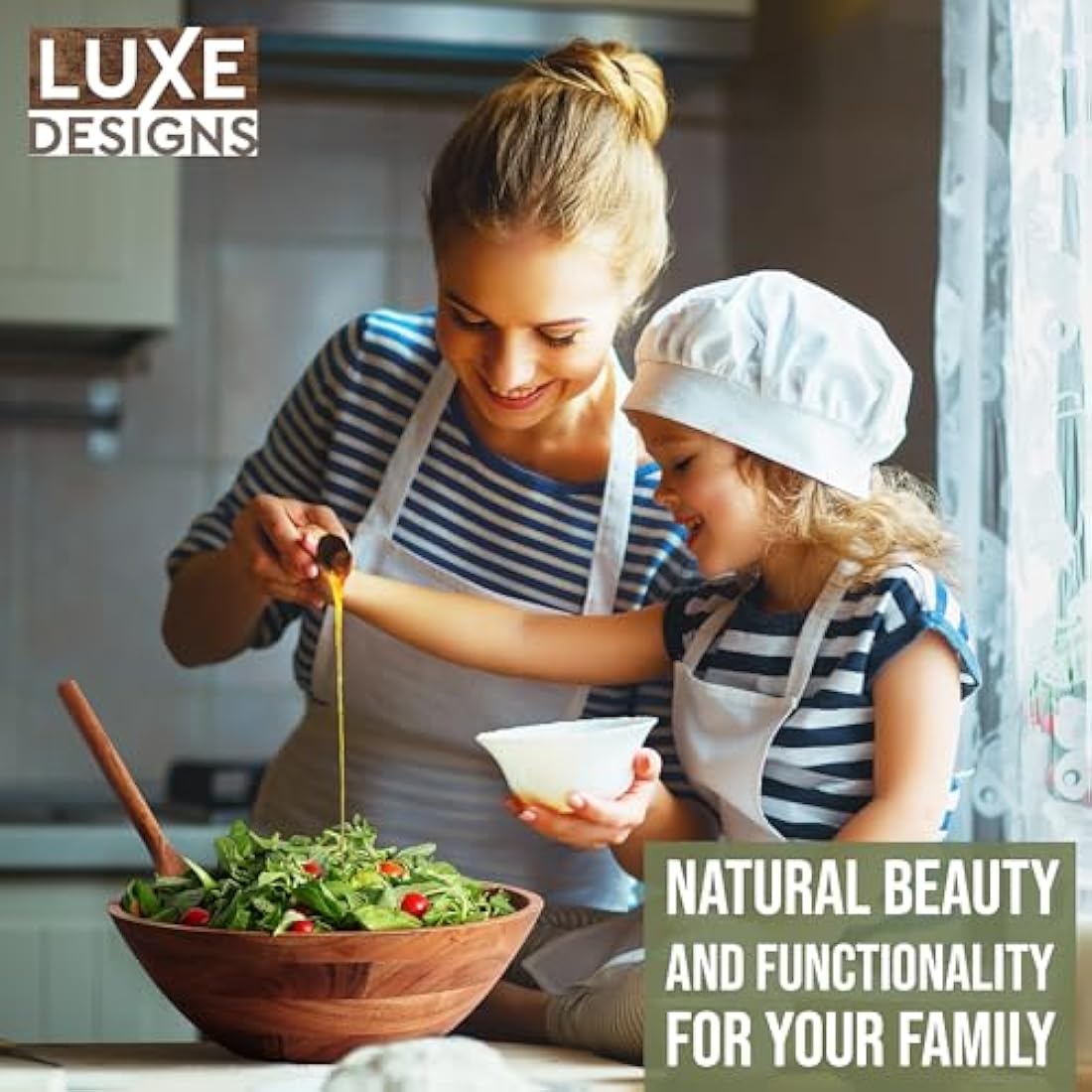 Luxe Designs Wooden Salad Bowl Set – Large Salad Bowl for Food, Fruits, or Salads – Durable Handmade Bowl with Spoon, Fork – Natural Wooden Bowls Decorative – Ideal Serving Bowl for Dining