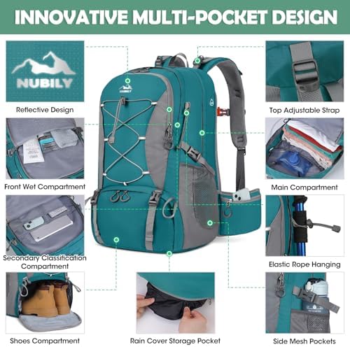 NUBILY Hiking Backpack 50L Waterproof Camping Backpack with Large Shoes Compartment and Wet Pocket Rucksack for Men Women Camping Backpack Lightweight Travel Backpack for Outdoor Sports