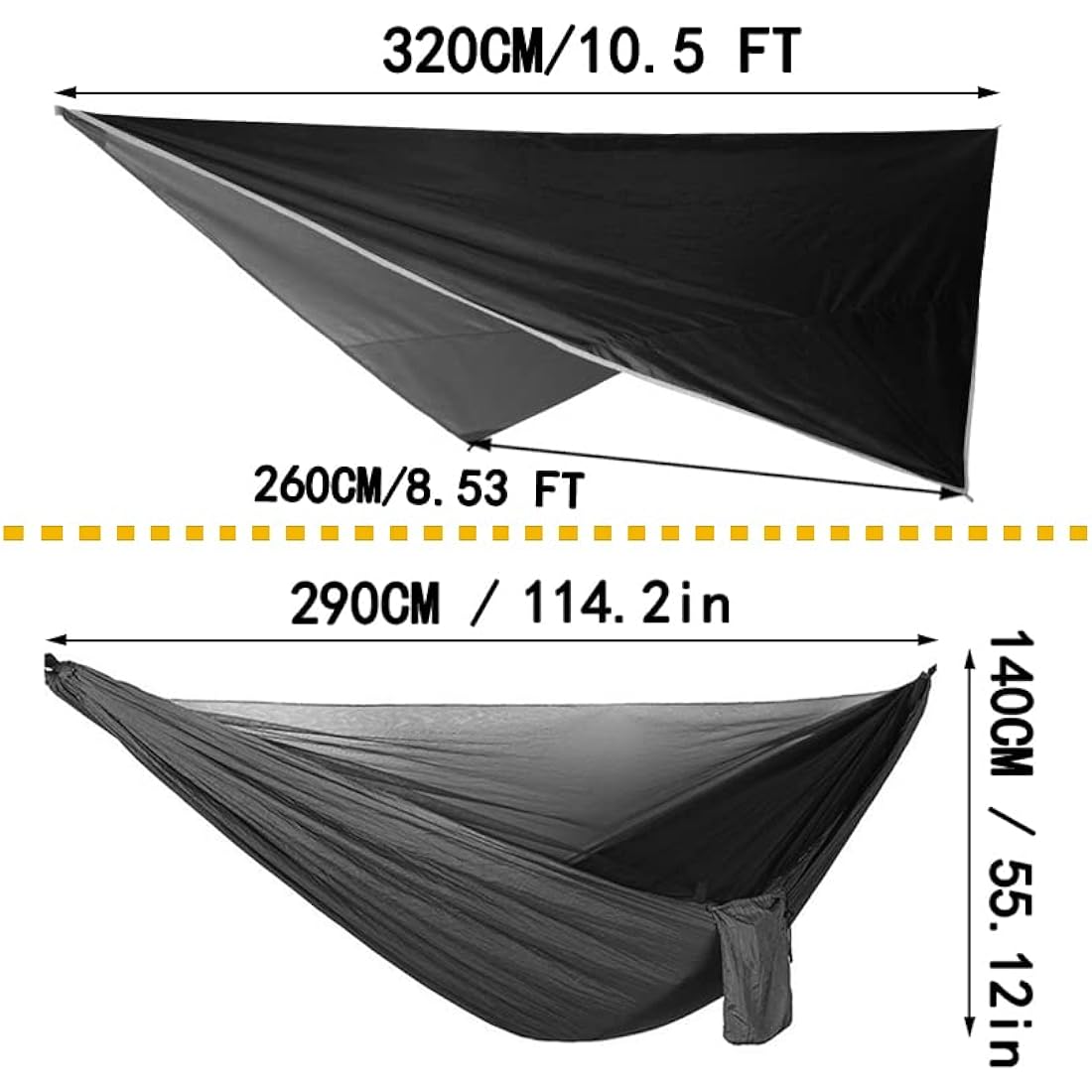 Camping Hammock Set, Single Double Hammock, Mosquito Net, Insect Net, Rainfly, High Strength Parachute Cloth Hammock. Suitable for outdoor, hiking, camping, travel