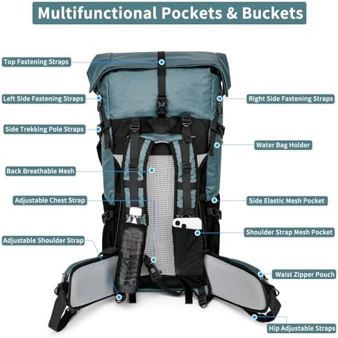 POWER KING 40L Expandable TO 50L Hiking Backpack,Upgraded X-PAC Scratch-proof Lightweight Large Rucksack for Mens Women, Outdoor Roll Top Camping Packsack, Fit for 15.6'' Laptop