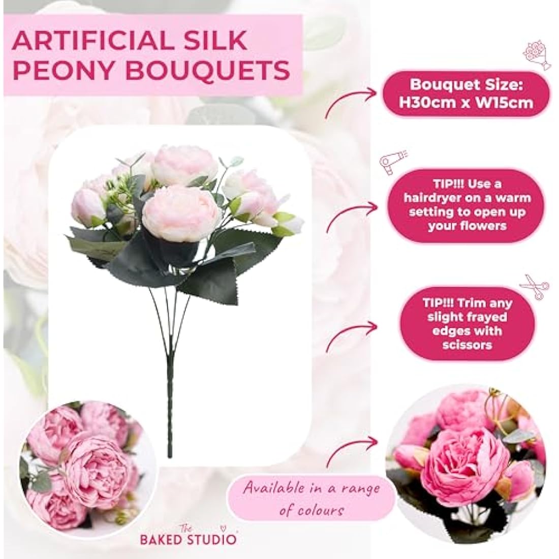 The Baked Studio - Silk Peony and Tea Rose Artificial Bouquet 9 Heads Realistic Fake Plant for DIY Craft Cake Living Room Home Wedding Decoration (Blue)