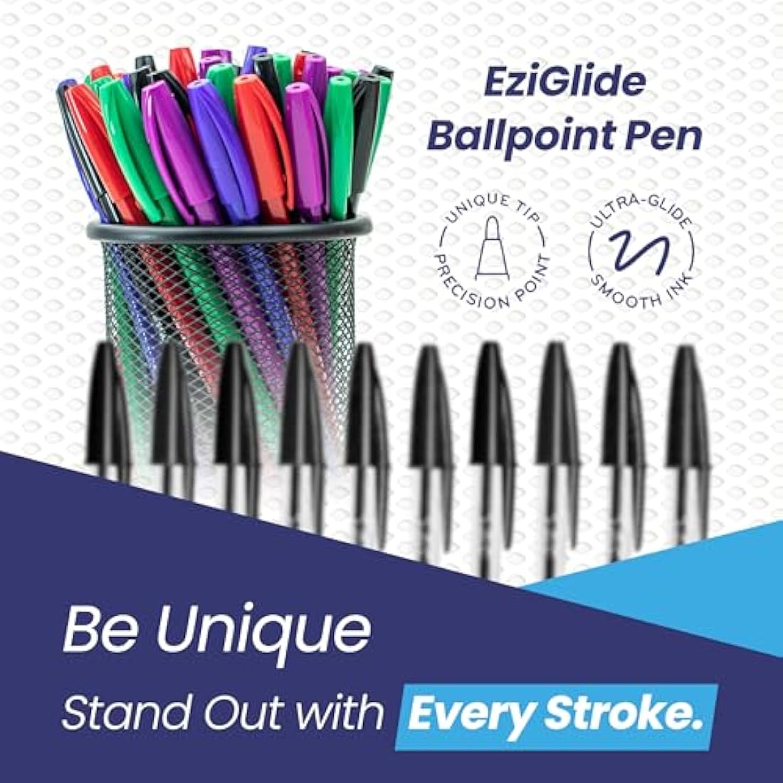 Eziglide Ballpoint Pen Set, 50-Pack Blue – Easy Grip Writing Pens with Medium Point (1.0mm) for Ultra-Smooth, Skip-Free Writing – Ideal for Office, Work, Exams, School & Stationery Use