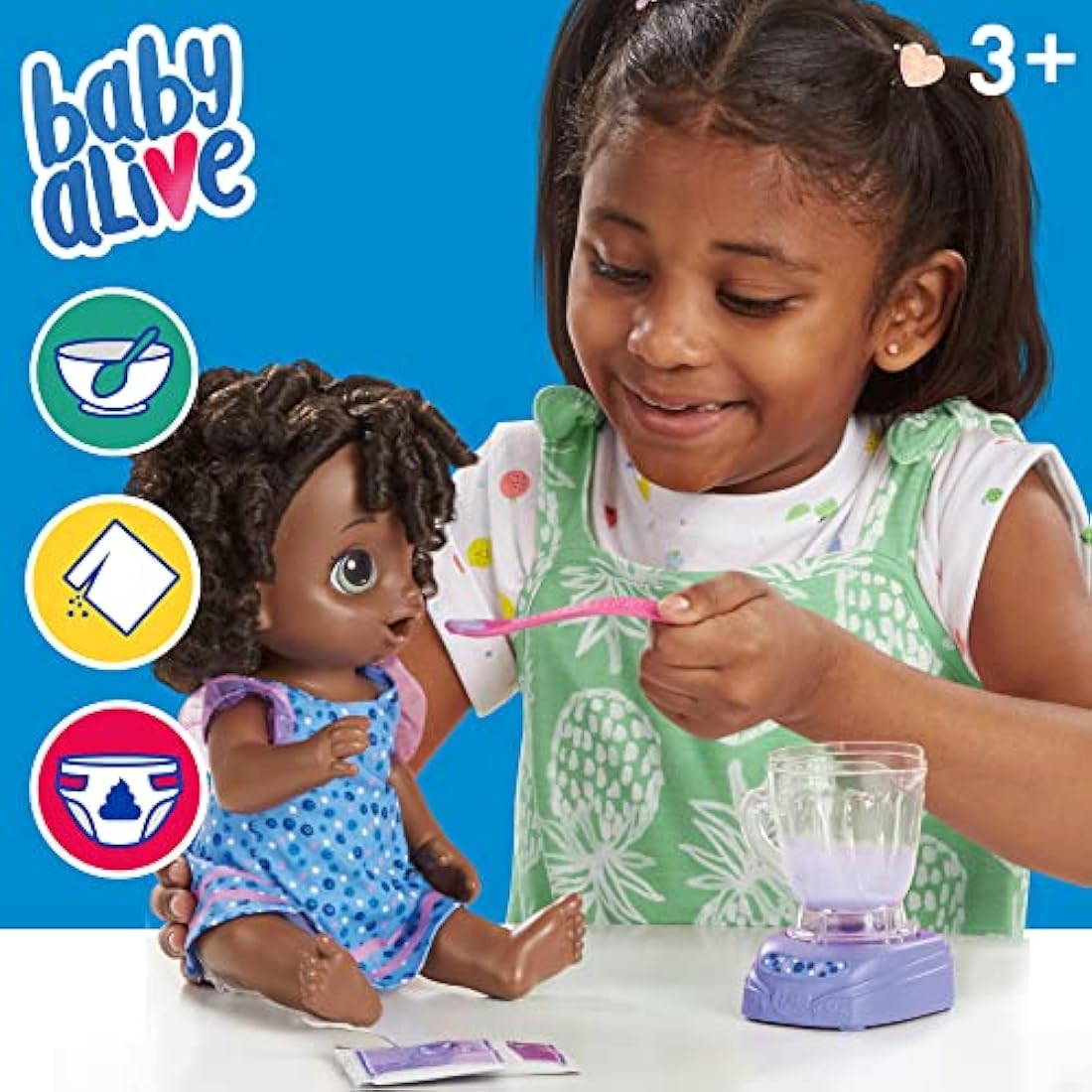 Baby Alive Magical Mixer Baby Doll Blueberry Blast with Blender Accessories, Drinks, Wets, Eats, Black Hair Toy for Children Aged 3 and Up