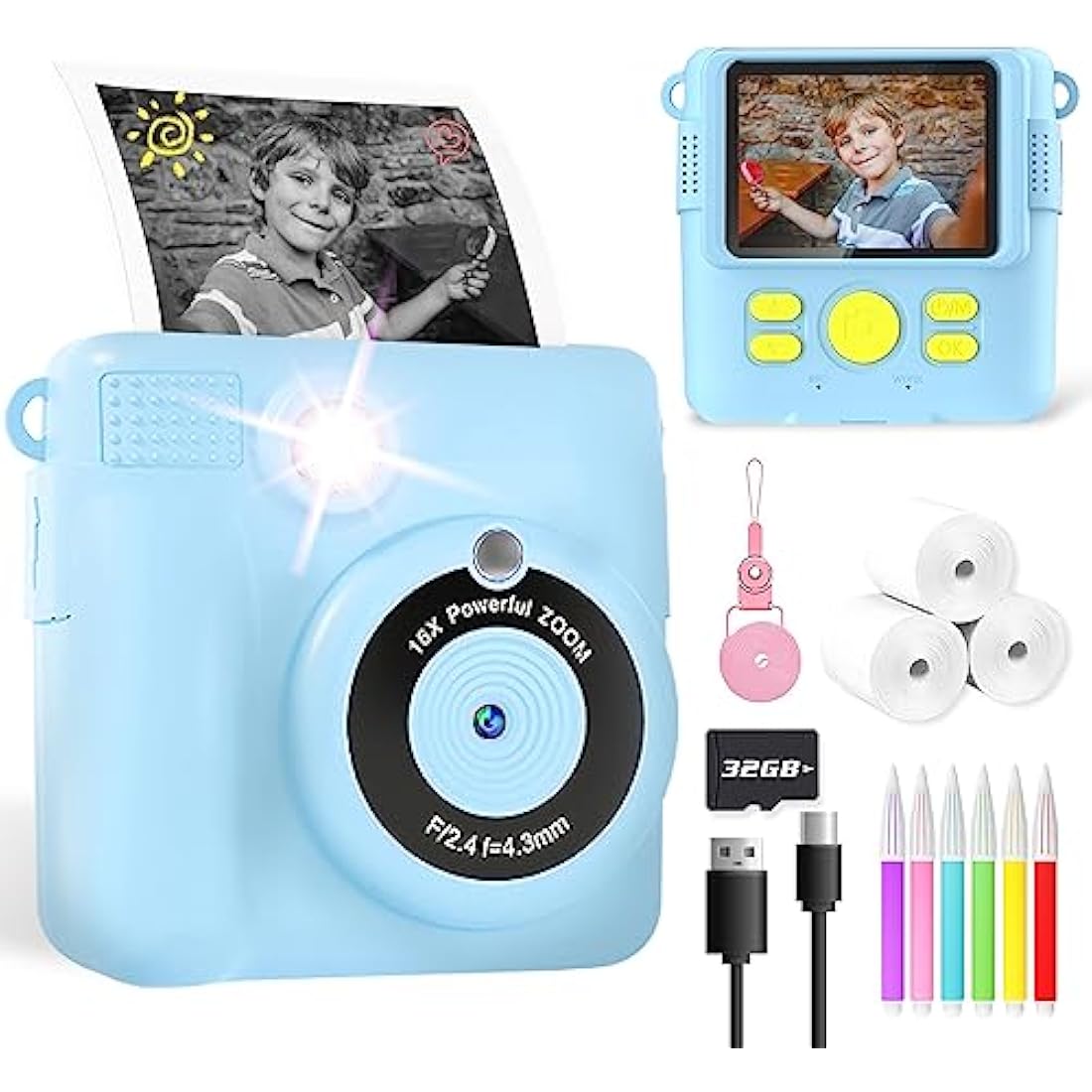 Kids Camera for Boys, Instant Print Camera for Kids with Photo Paper, 1080P Digital Camera for Children, Cool Toys Gifts for Boys Age 3 4 5 6 7 8 9 10 Years Old, Video Recorder, 32GB SD Card - Blue