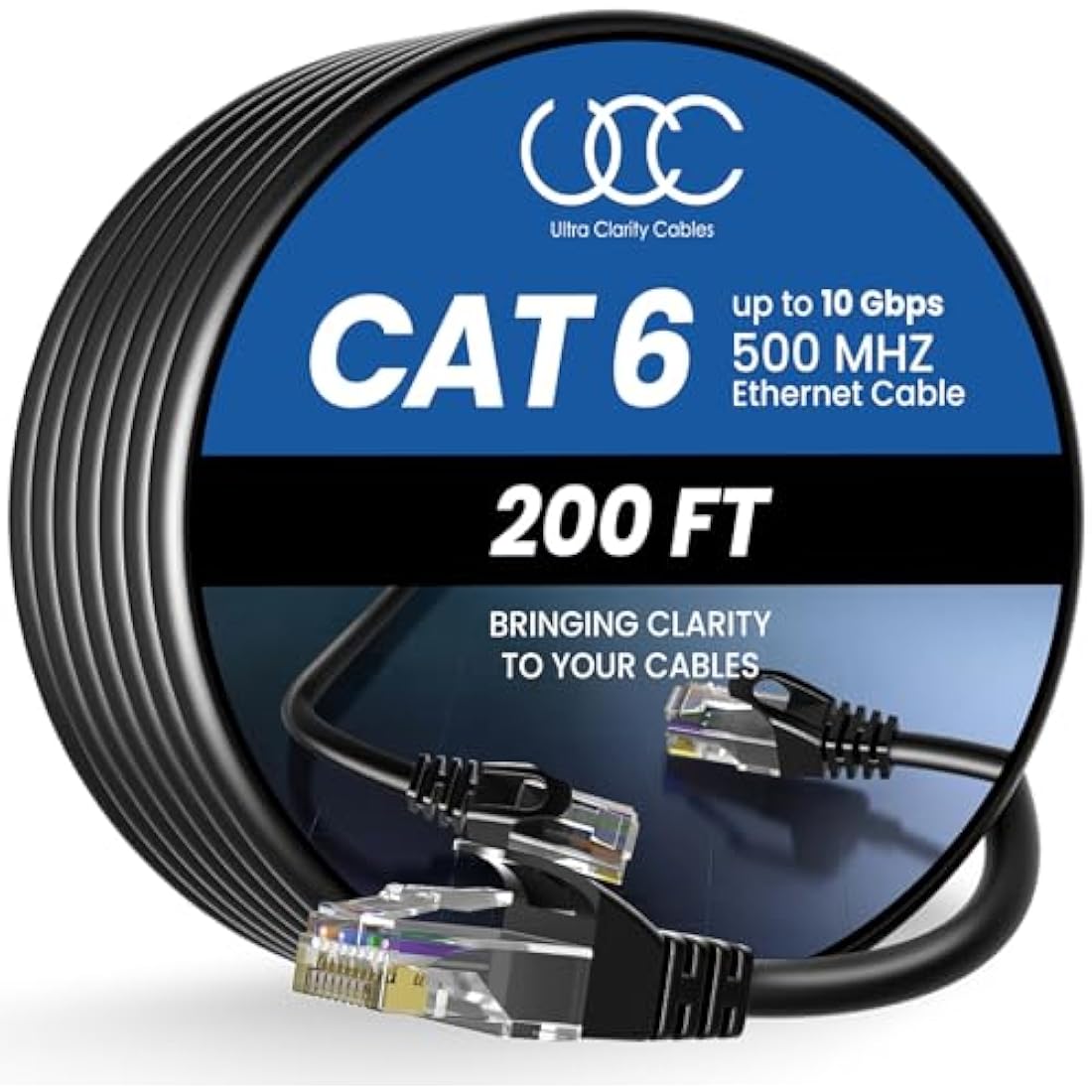 Ultra Clarity Cables Ethernet Cable Cat6 60M/200ft High-Speed 10Gbps LAN Cable with Gold Plated RJ45 Connector for Router, Modem, PC, Switches, Hub, Laptop, Black, 1 Pack