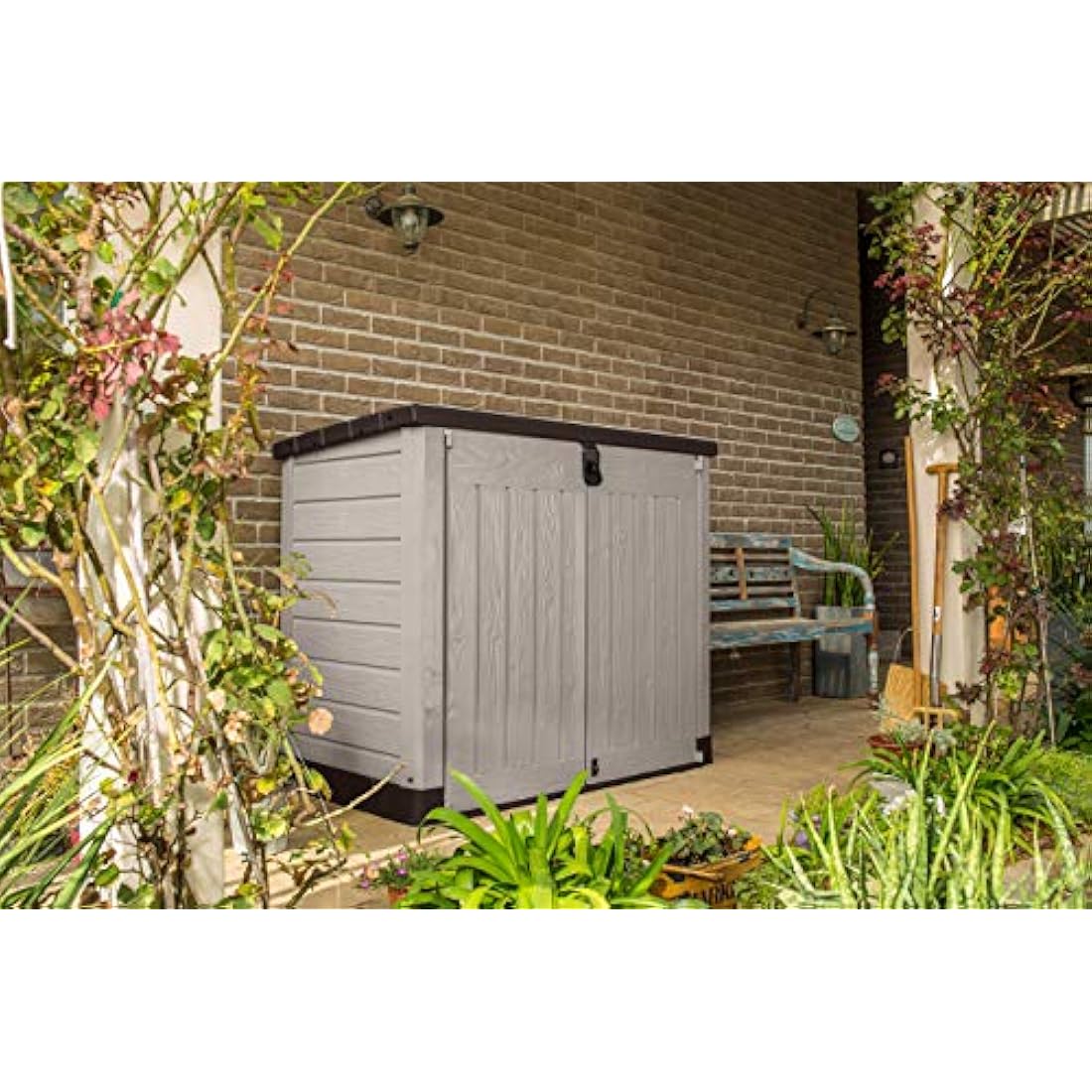 Keter Store It Out Pro Outdoor Garden Furniture Storage Shed Beige with Brown Lid Fade Free All Weather Resistant Safe and Secure Zero Maintenance 5 year Warranty