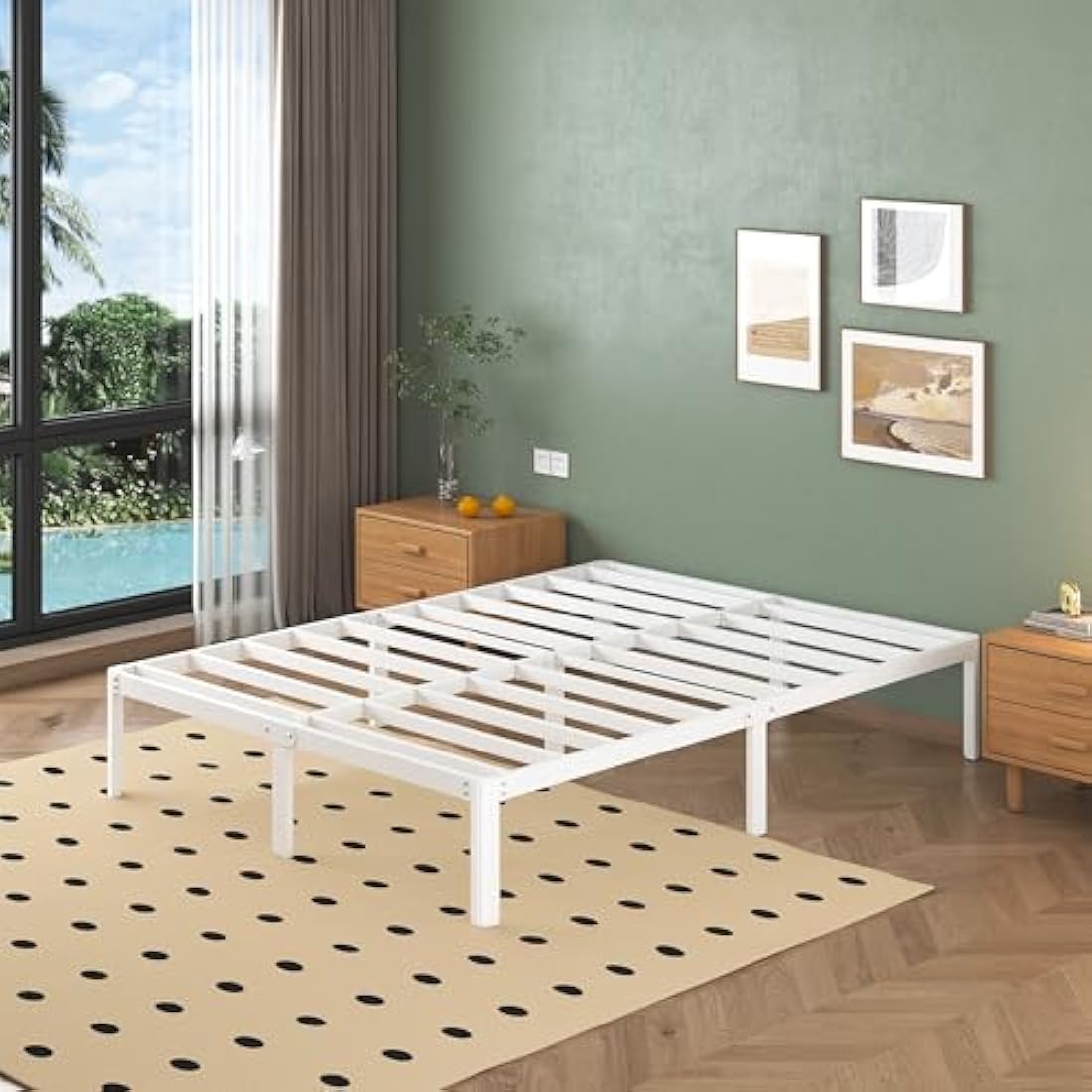 Lutown-Teen White Double Bed Frame 30.5 cm High with Rounded Corner Legs, 4ft 6 Heavy Duty Metal Bed Frame Double 4ft6 with Steel Slats Support, Storage Space Underneath, Easy Assembly