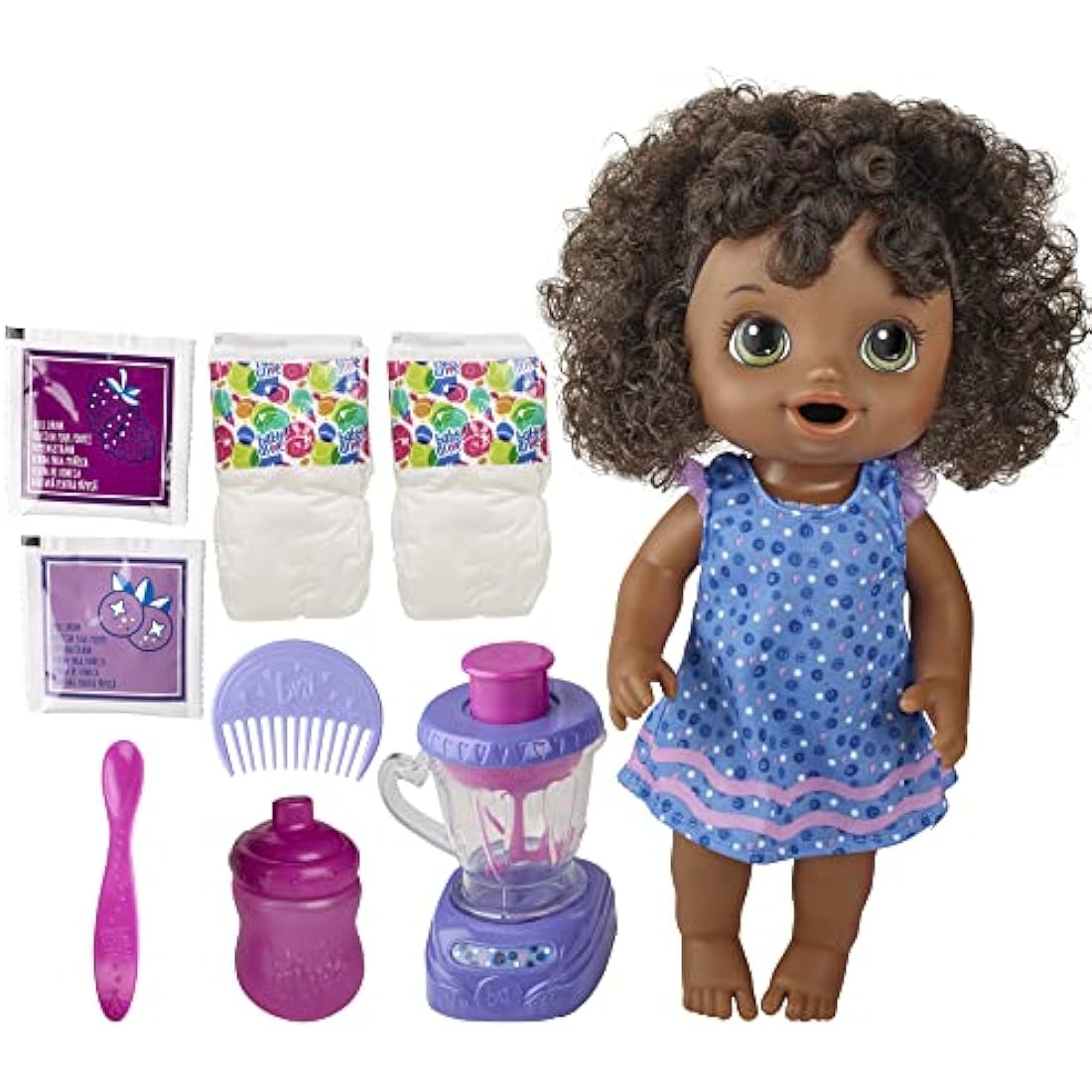 Baby Alive Magical Mixer Baby Doll Blueberry Blast with Blender Accessories, Drinks, Wets, Eats, Black Hair Toy for Children Aged 3 and Up