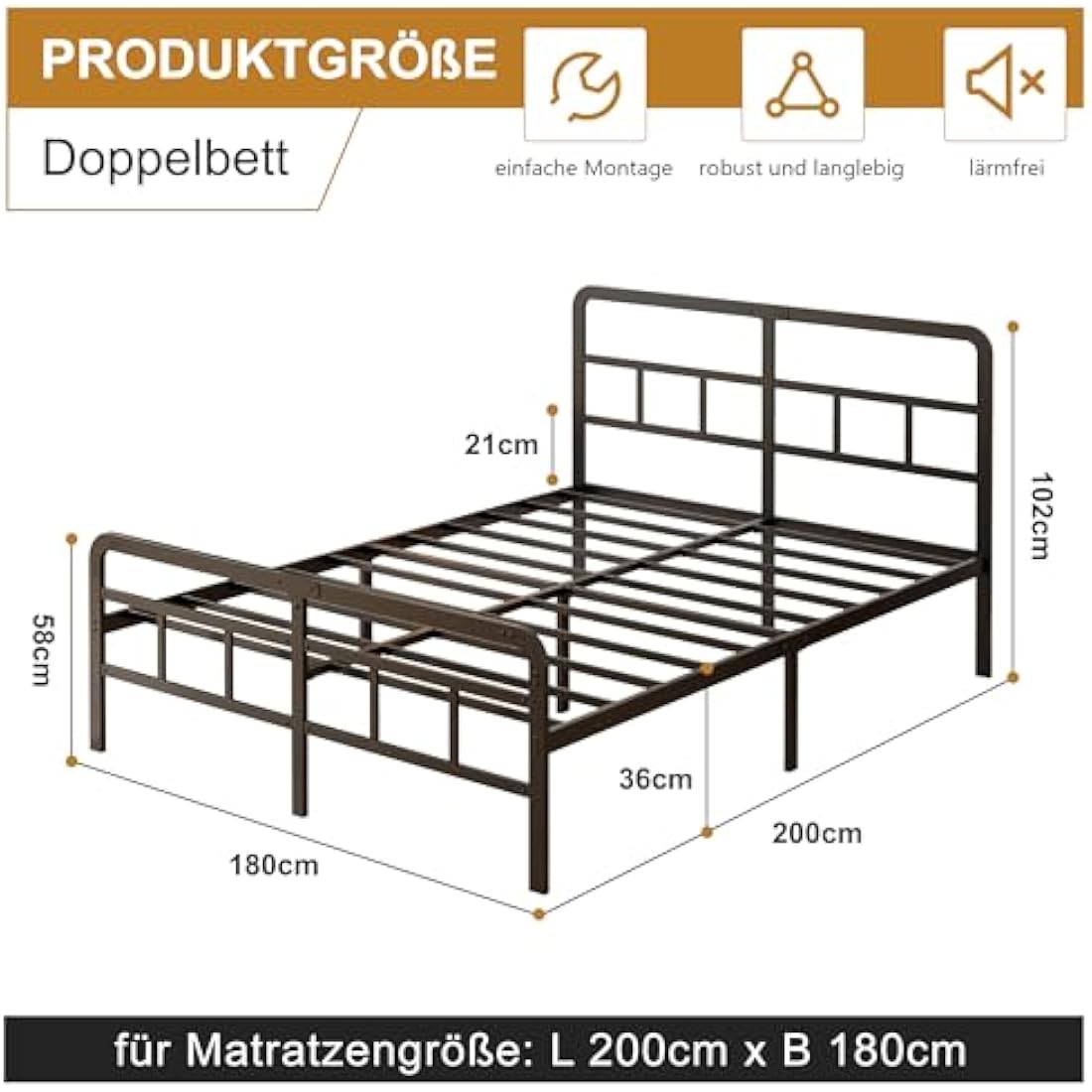 Yicensen Super King Bed Frame with Curved Headboard and Footboard 180x200 cm, Black Super King Platform Bed with Heavy Metal Slats for Stable Support, No Box Spring Needed, Noise Free, Easy Assembly