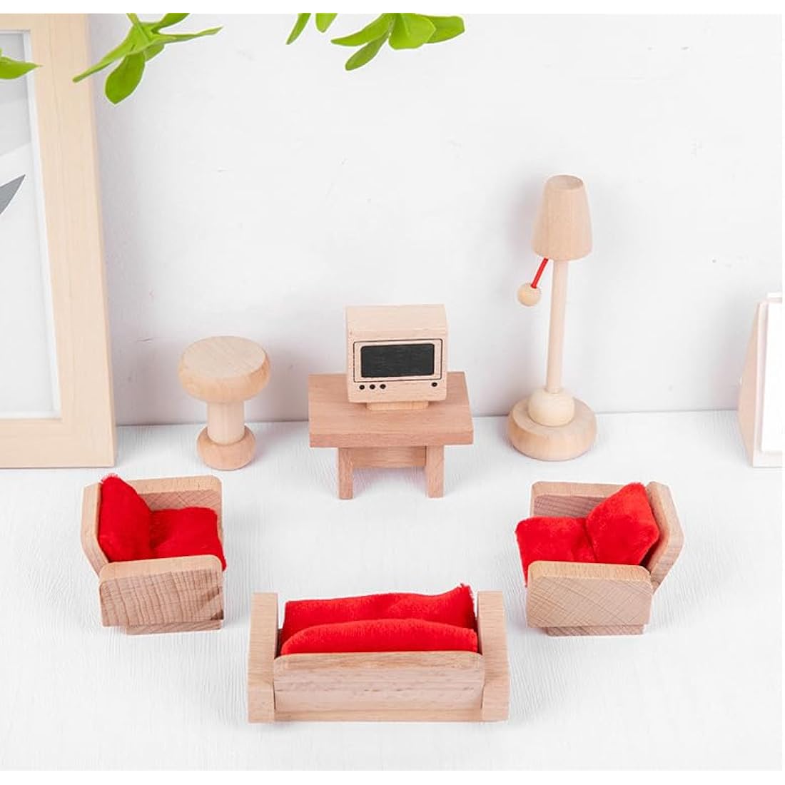 DecoBay Wooden Dolls House Furniture 4 Sets Bedroom, Kitchen, Bathroom and Living Room with 6 Family Dolls