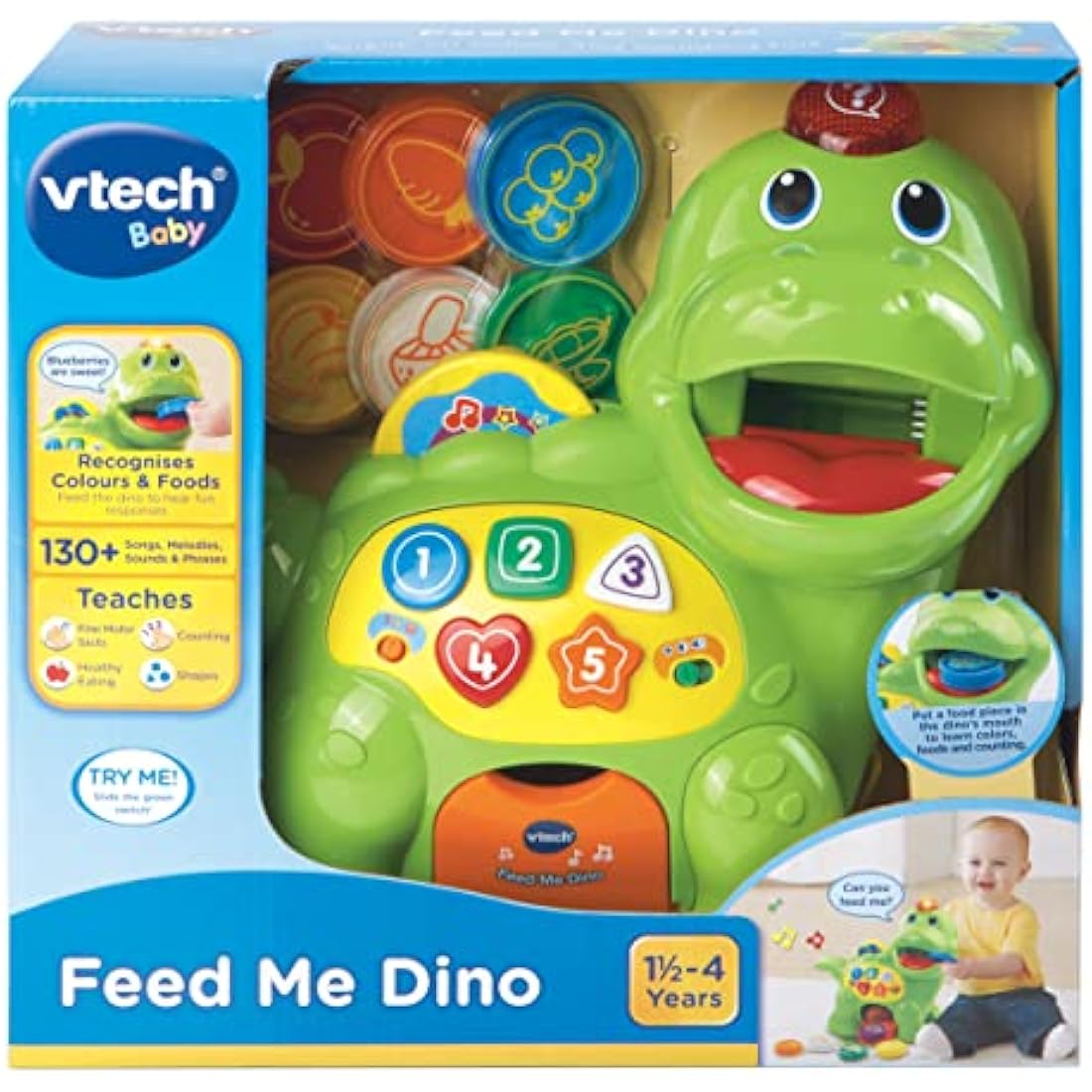 VTech Baby Feed Me Dino | Musical Baby Toy with Numbers, Counting Music & Shapes | Interactive Light Up Toy Suitable From 1, 2, 3 Year Olds Boys & Girls, Green, 27 x 12.3 x 26 cm