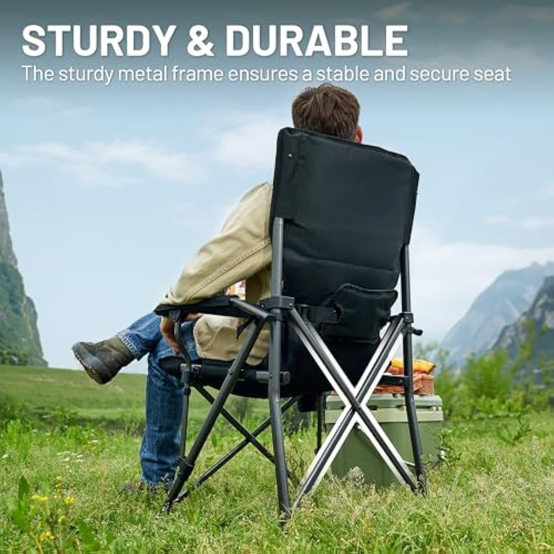 TIMBER RIDGE Folding Camping Chair 150kg High Back Portable Folding Chair with Cup Holder Hard Armrest Fishing Chair for Camping, Picnic, Garden, Balcony