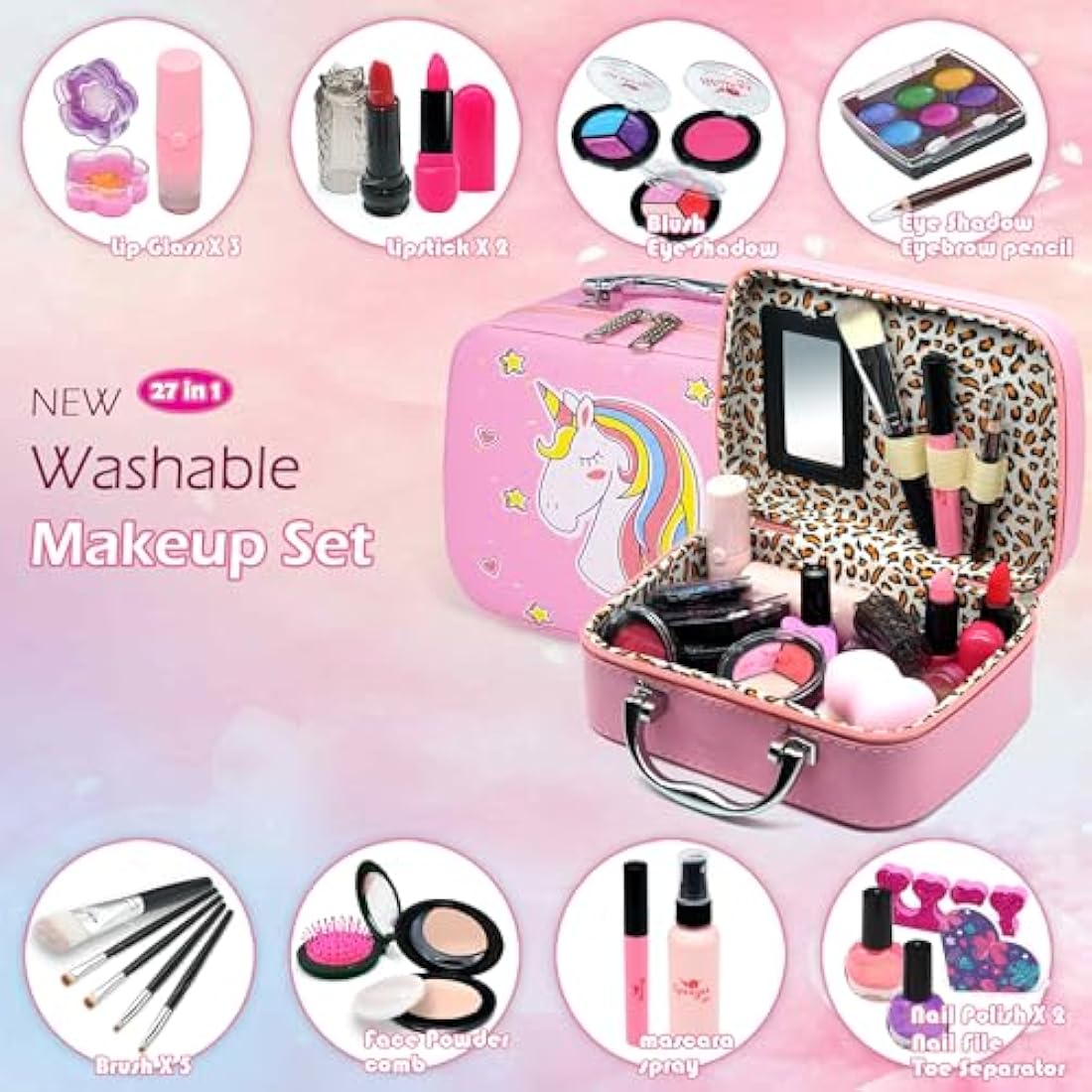 Washable Kids Makeup Girls Toys - Real Makeup Set Make Up Kits for Children Kids Girls Princess Glamour Girl Pretend Play Makeup Kit Christmas Birthday Gifts Toys for 3 4 5 6 7 8 9 10 Year Old Girl