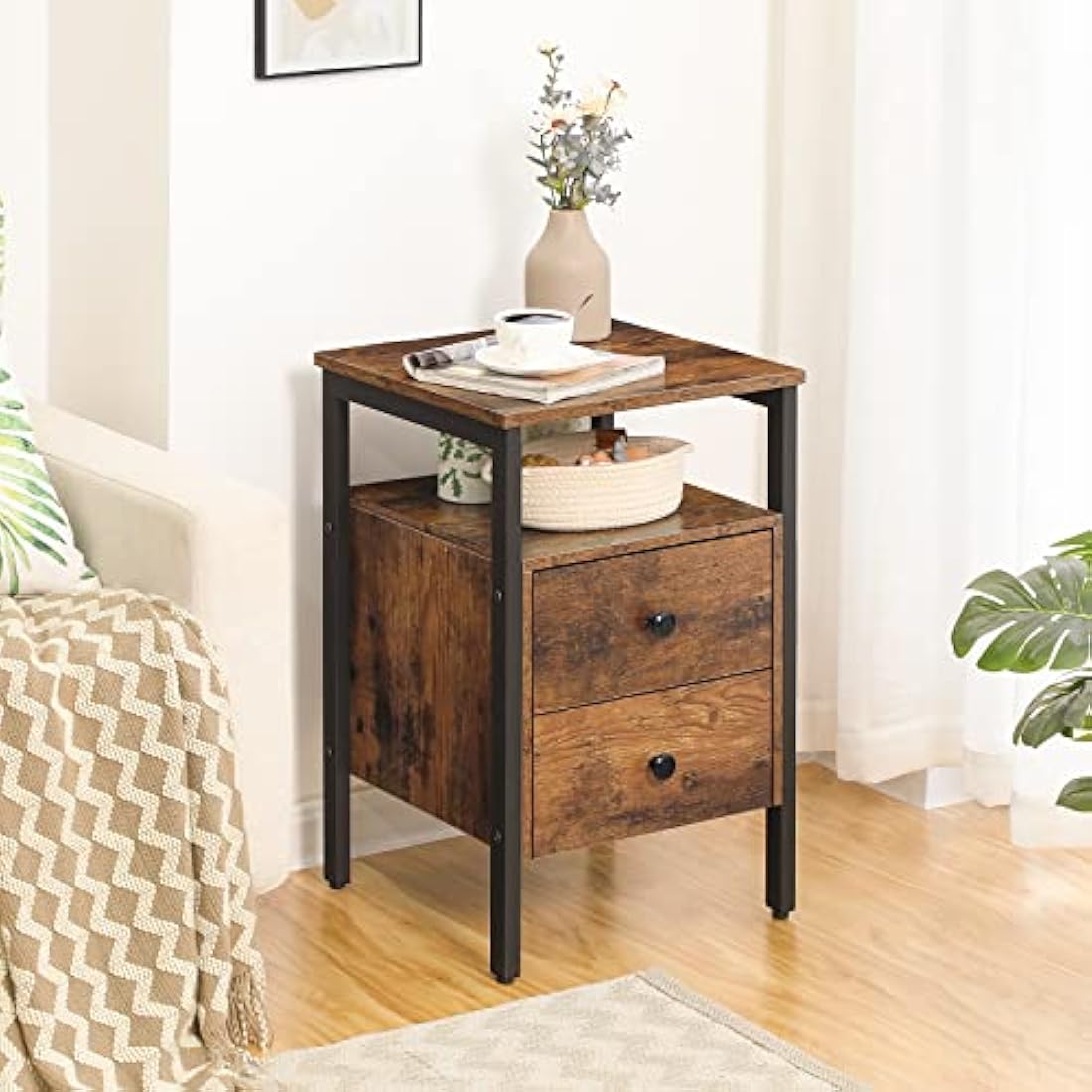 HOOBRO Bedside Table with 2 Drawers, Industrial Sofa Side End Table, Nightstand, End Table with Storage Shelves, for Living Room, Bedroom, Accent Furniture, Easy Assembly, Rustic Brown EBF43BZ01G2