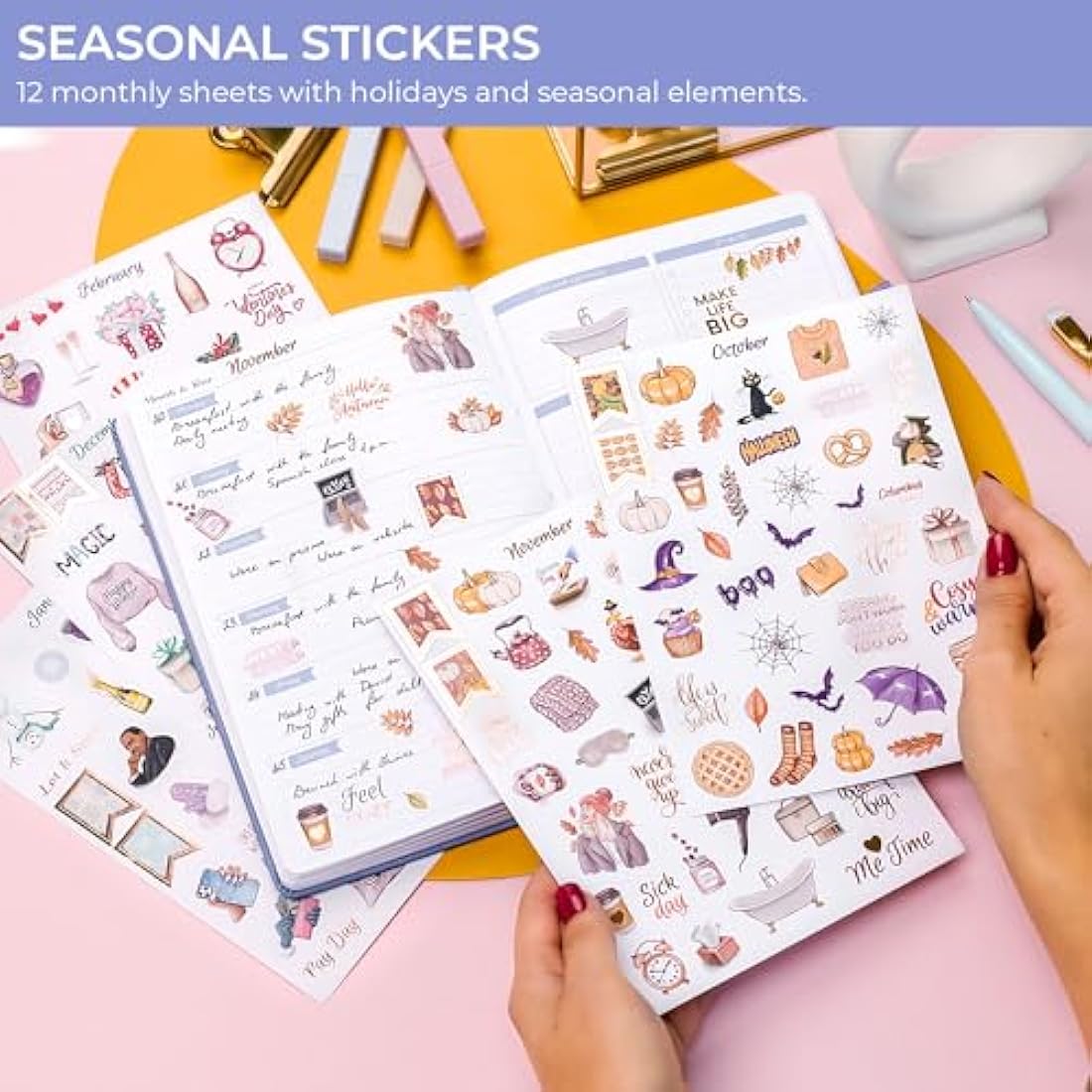 GoGirl Value Sticker Pack – 850+ Small Aesthetic Stickers for Planner, Journal & Calendar – Holidays, Seasonal Stickers, Inspirational Quotes, to-dos, Appointments, Budgeting & Text Boxes – 19 Sheets