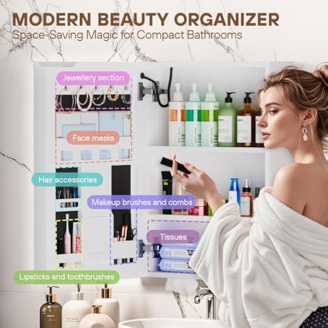 Tianqinuk Bathroom Mirror Cabinets Wall Mounted - Dimmable Mirror Cabinet with LED Lights - Bathroom Cabinets with Anti Fog Memory Function - Adjustable Shelves, Touch Sensor, Concealed Storage