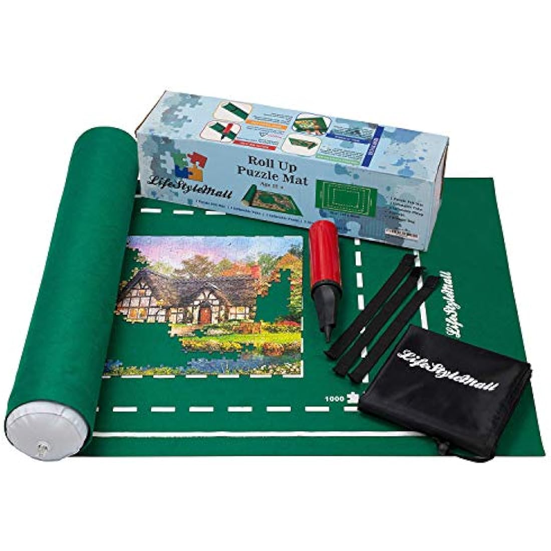 LifeStyleMall Jigsaw Mat - 1500 Pieces - Green Felt - Classic Style - Portable Puzzle Mat - 1 Set - 1 Item - 1500 Pieces - 1 Count - 12 - Adult