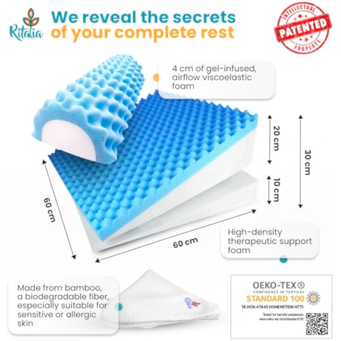 Ritalia® Wedge Cushion with 3 Elevations 60 x 60 x 30 cm, Ideal Anti-Reflux Pillow for Adults, Reading Cushion and Bed Backrest. Made of Memory Foam and Injected Gel