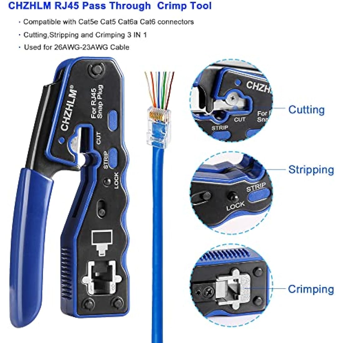 CHZHLM Rj45 Crimp Tool Kit Pass Through Crimping Tool Crimper Cutter for Cat6 Cat5 Cat5e with 50PCS Connectors Mini Wire Stripper Cable Tester and Plier