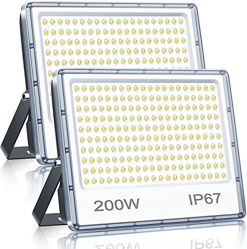 YIQIBRO 200W LED Floodlight Outdoor 2 Pack, IP67 Waterproof Outside Security Lights, 20000LM 7000K Cool White LED Floods Light Outdoor Spotlight for Garden, Garage, Warehouse, Workshop, Factory