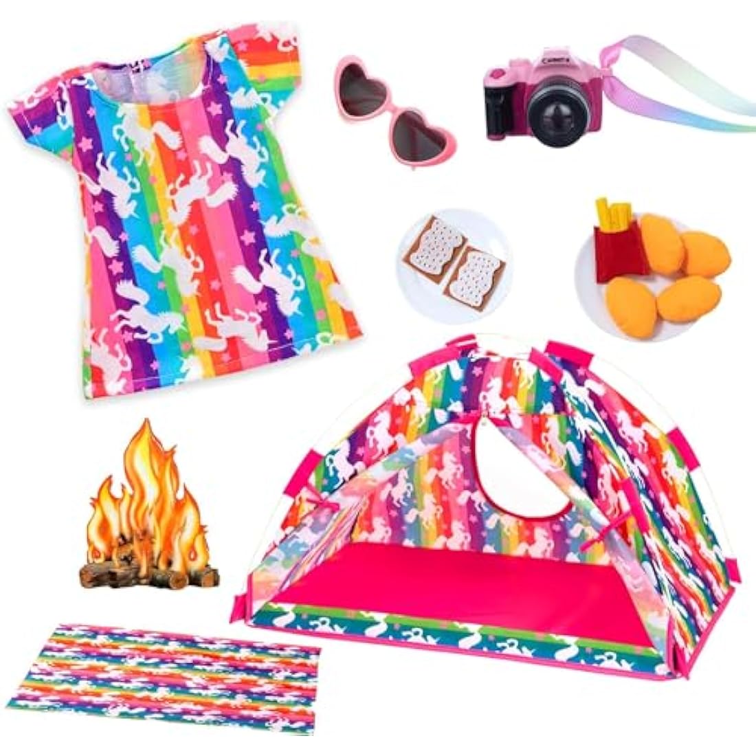 ZITA ELEMENT Unicorn Doll Camping Tent Set for 18 Inch Girl Doll Accessories Including 18 Inch Doll Tent Placemat Doll Clothes Chocolate Cookies Chicken Nuggets Paper Campfire eyeglasses