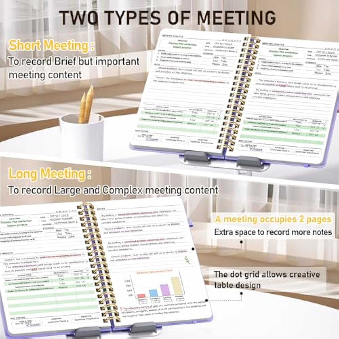 WEMATE Meeting Notebook B5 (7"x10") - PU Leather Planner Notebook with Agenda, Action Items & Notes - 200 Pages for Men&Women, Staff and Students, Meeting, Projects Planning - Light Purple