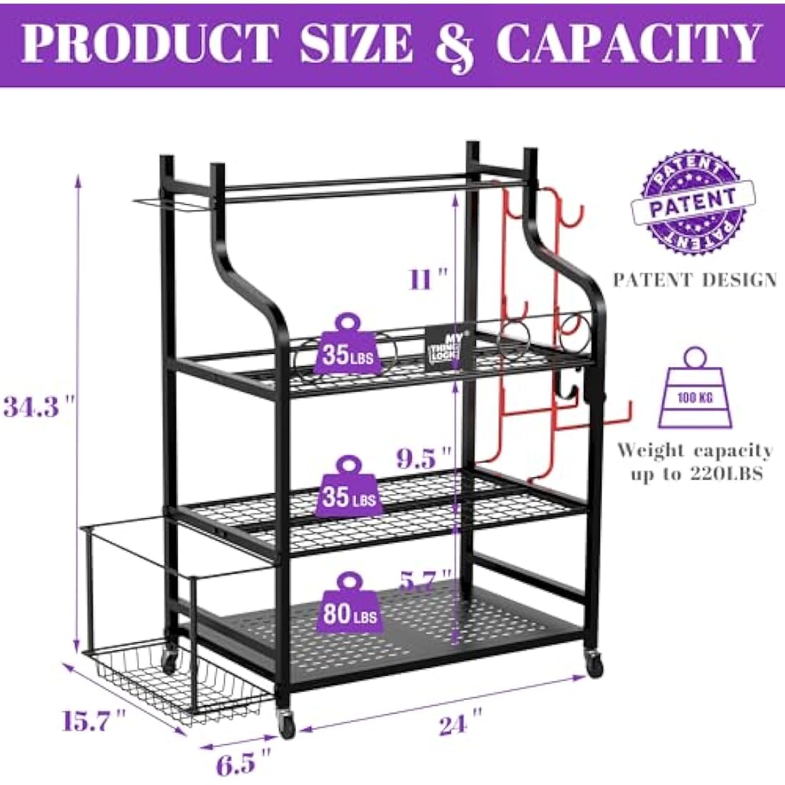 Mythinglogic Dumbbell rack-Yoga Mat weight rack-Home Gym Storage Rack for Dumbbells Kettlebells, Foam Roller, Yoga Strap, Resistance Bands - Workout Equipment Storage Organizer with Hooks and Wheels