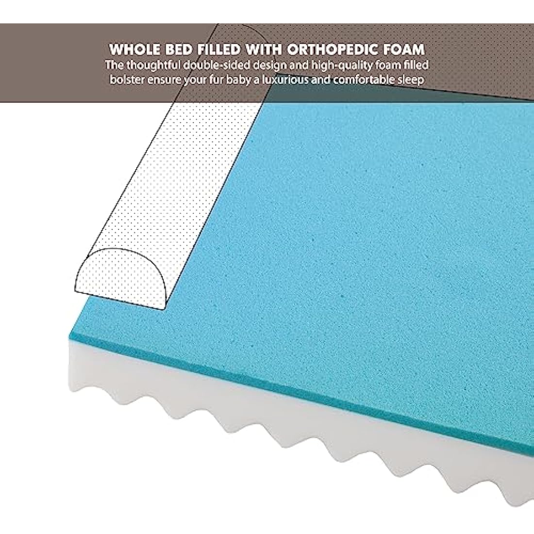 Codi Large Memory Foam Layer Dog Bed, Washable Orthopedic Dogs Beds Couch with Removable Zipper Cover, Waterproof Pet Sofa with U-Shape Bolster, Khaki, 91x68x(7.5+8.9) cm