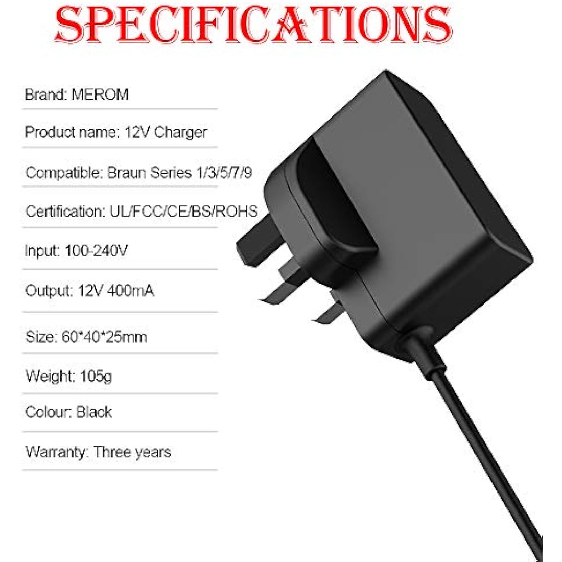 MEROM 12V Shaver Charger Power Cord - Compatible with Braun Series 1, 3, 5, 7, 9 - Rozor Power Adapter