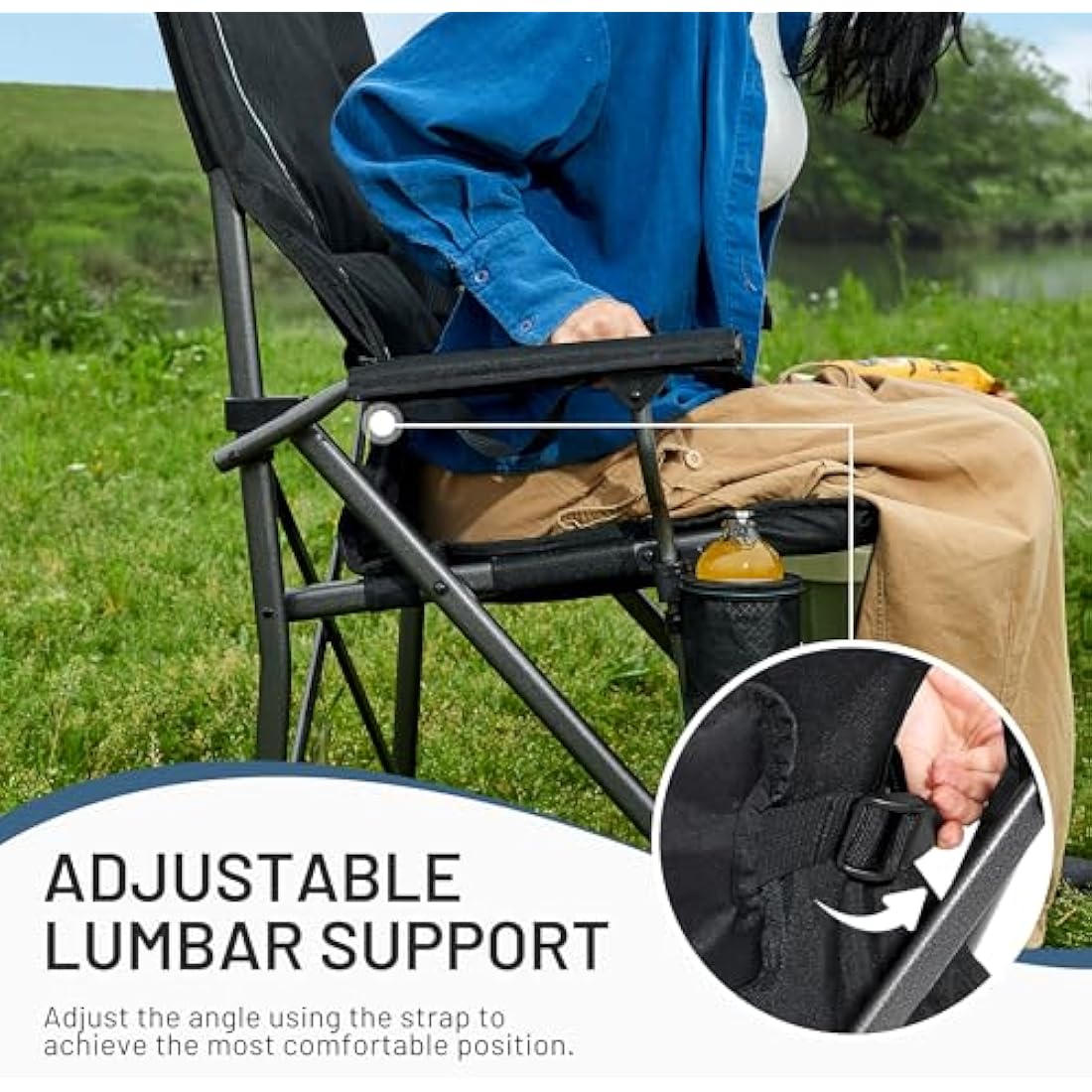 TIMBER RIDGE Folding Camping Chair 150kg High Back Portable Folding Chair with Cup Holder Hard Armrest Fishing Chair for Camping, Picnic, Garden, Balcony