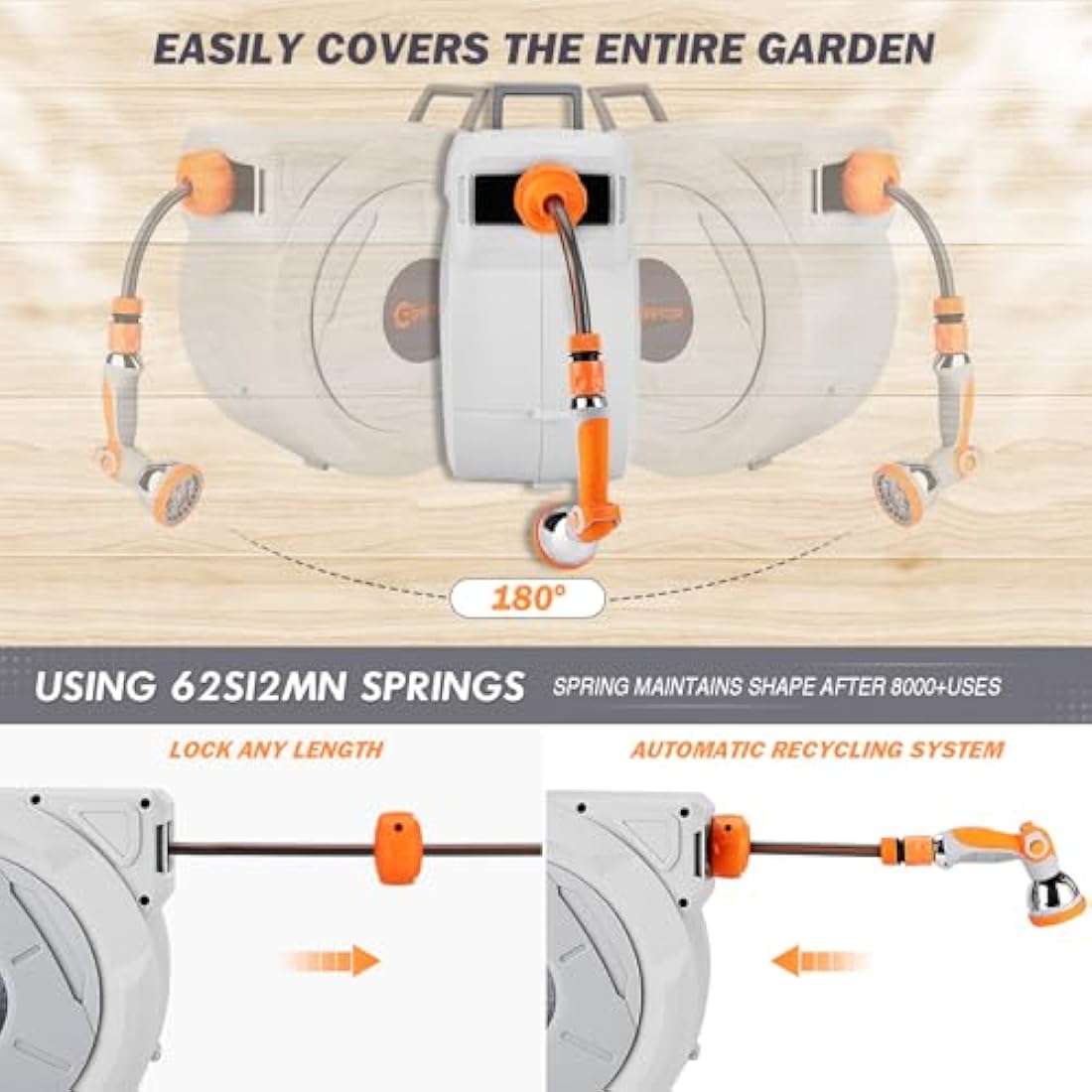 Retractable Garden Hose Reel 20m+2m, Wall Mounted Hose Reel,Heavy Duty Hose Pipe Reel with 10 Pattern Hose Nozzle, Auto Lock and Auto Rewind, Lock at Any Length,180°Swivel Bracket