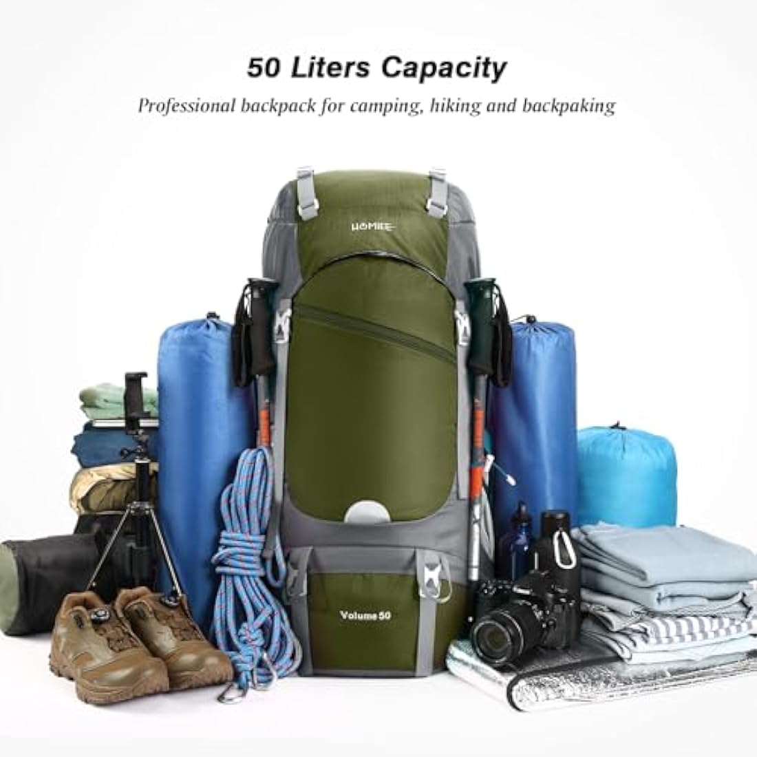 HOMIEE 50L Waterproof Hiking Backpack for Men Women, Lightweight Trekking Backpack with Rain Cover, Large Camping Rucksack for Outdoor Sports Travel Hiking Cycling Climbing Mountaineering