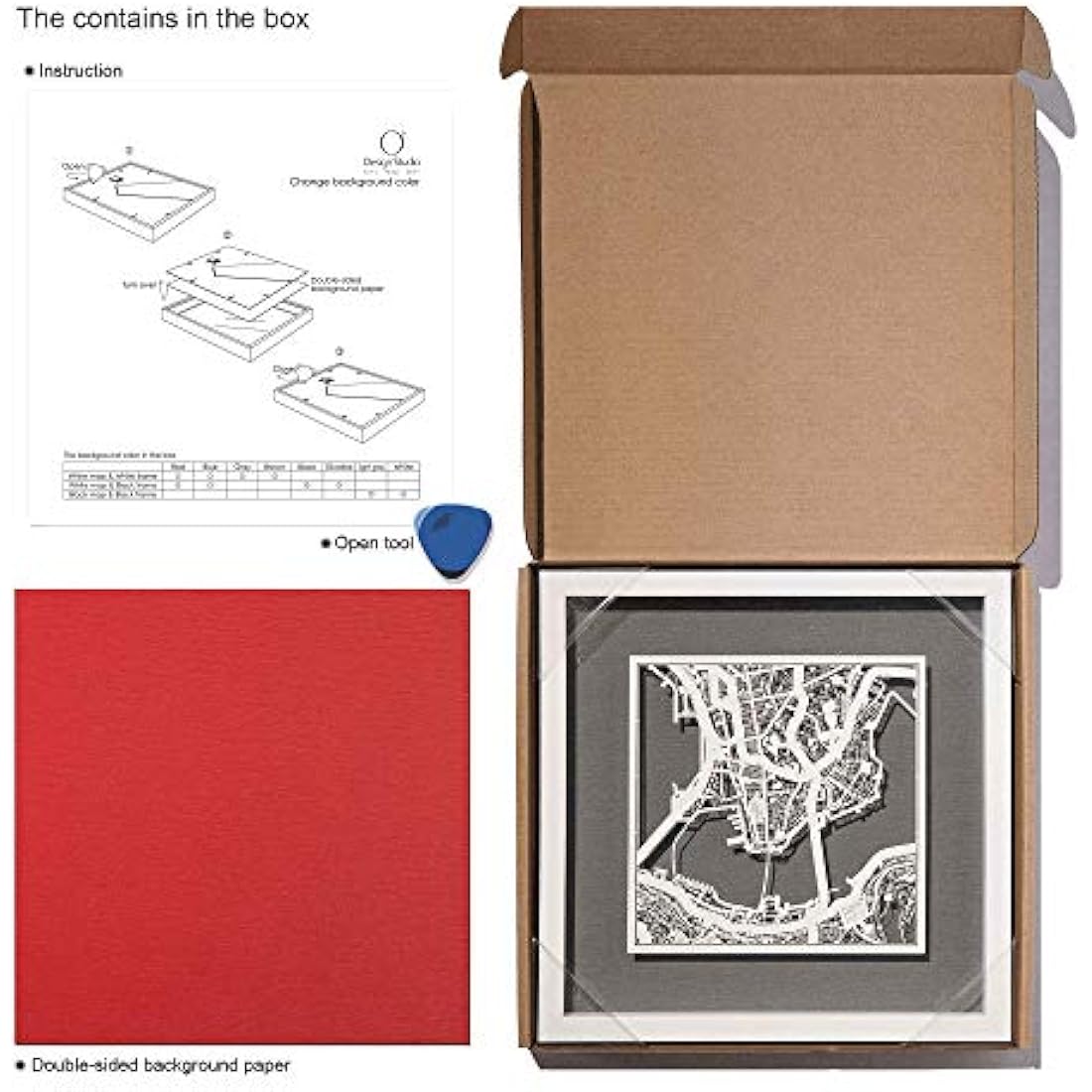 O3 DESIGN STUDIO Berlin Marco de Papel para mapas, White map, Black frame, 9x9 inches, Gift Boxed, 4 background color, self-changing, Paper Art