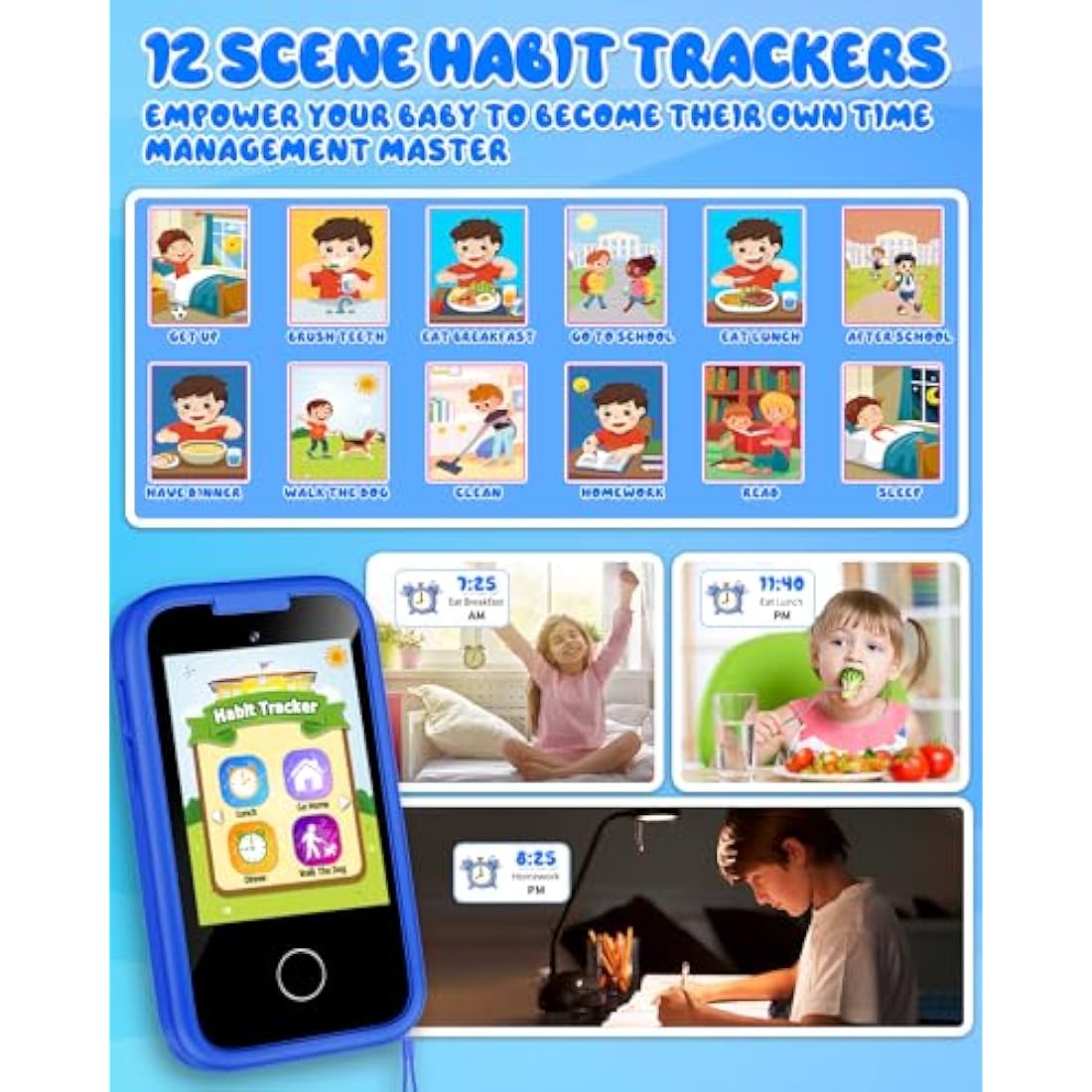 KAKTIN Kids Phone for Boys,Christmas Birthday Dinosaur Gifts for 3 4 5 6 7 8 years old Children,Touchscreen Learning Toys for girls age 3-11 with Dual Camera 8G SD Card (Dinosaur Blue)