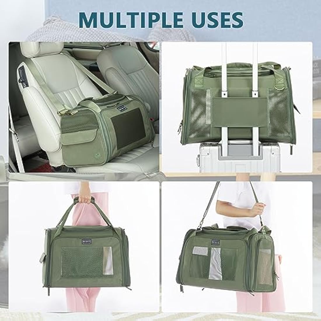 Petsfit Dog Carrier Soft Sided Travel Carrier, Large Pet Carriers with Quadrangle Oxford Fabric and Ventilation Mesh，Portable Dog Bag with Expandable mat and Upgraded Large Space, Olive Green
