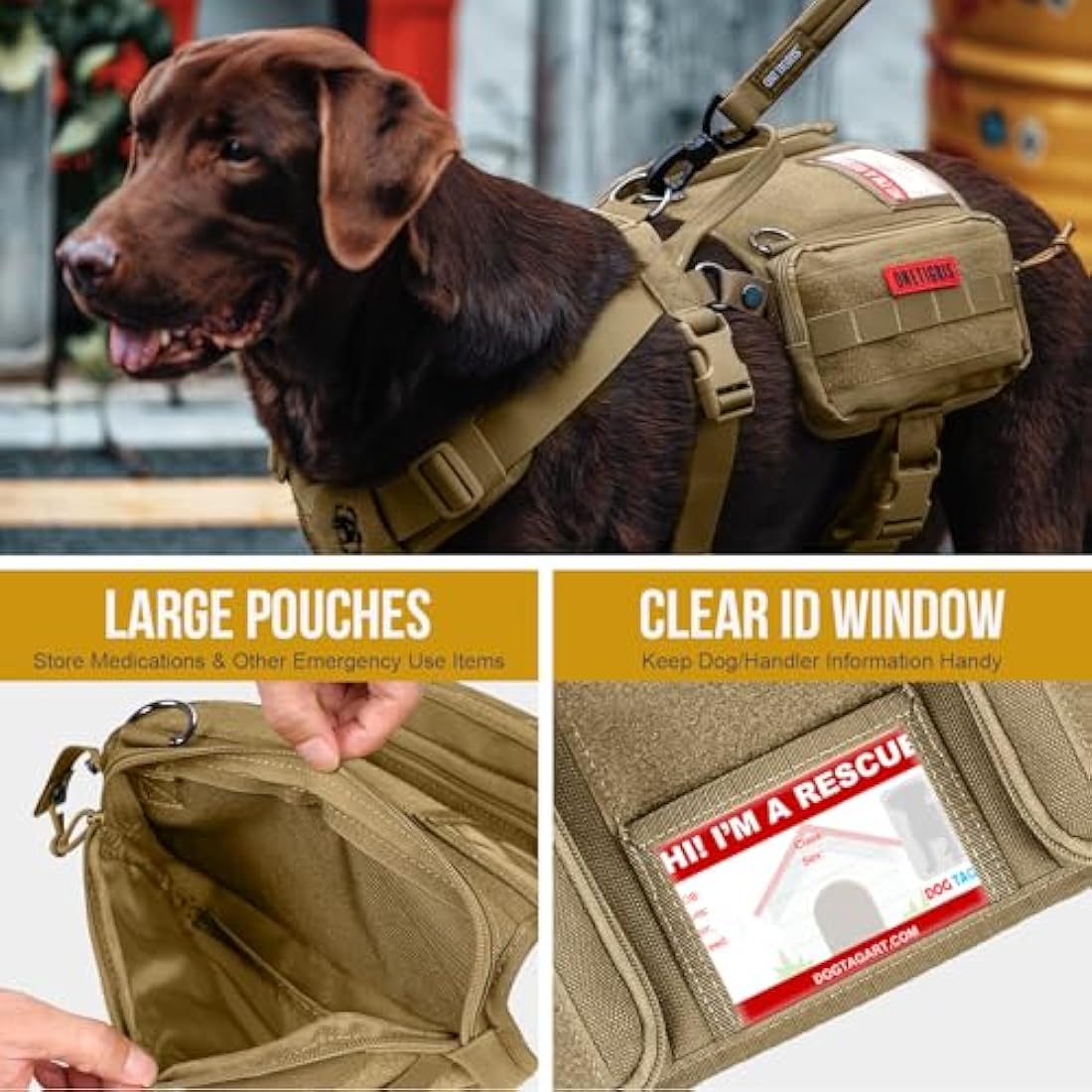 OneTigris Service Dog Vest Harness, Service Dog Cape Guardian Dog Molle Backpack with Pouches for Medium and Large Dogs (Brwon, L)