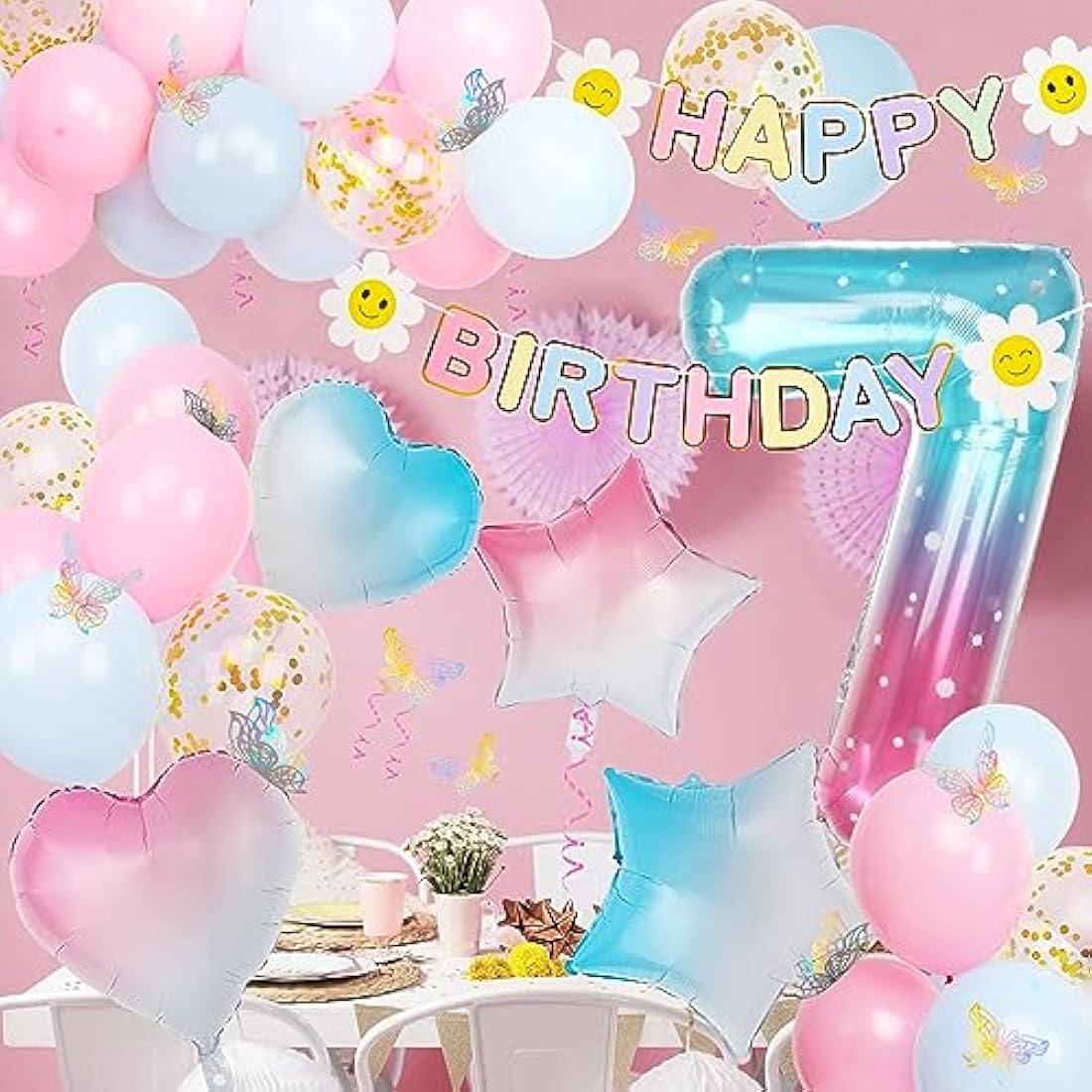 7th Birthday Decorations for Girls, Gradient Color 40 Inch Age 7 Foil Balloons with Happy Birthday Banner and Butterfly Stickers, for Baby Shower, Girls Boys Party Decorations