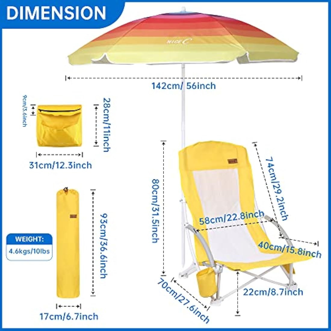 Nice C Beach Chair, Camping chair, Beach Chairs for Adults, with UPF 50 Umbrella and Cooler Bag, High Back, Cup Holder,Carry Bag,Heavy Duty, Outdoor(1 pack yellow)