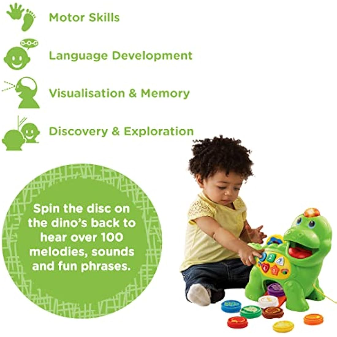 VTech Baby Feed Me Dino | Musical Baby Toy with Numbers, Counting Music & Shapes | Interactive Light Up Toy Suitable From 1, 2, 3 Year Olds Boys & Girls, Green, 27 x 12.3 x 26 cm