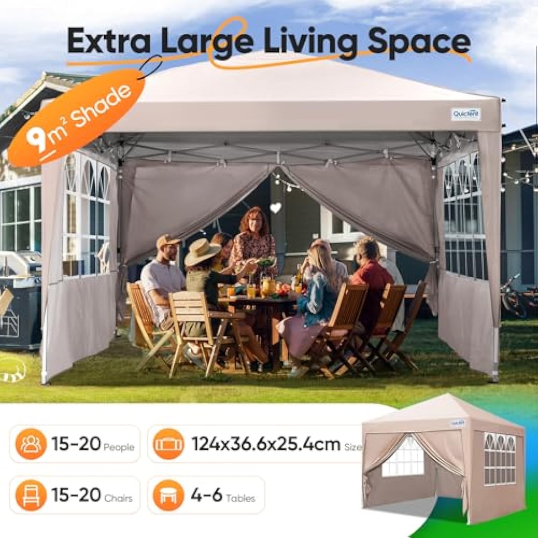 Quictent Pop Up Canopy Gazebo with Removable Sidewalls, Adjustable Height Event Shelter, 3x3m (10x10ft) Portable Tent for Garden Party, Camping, Beige